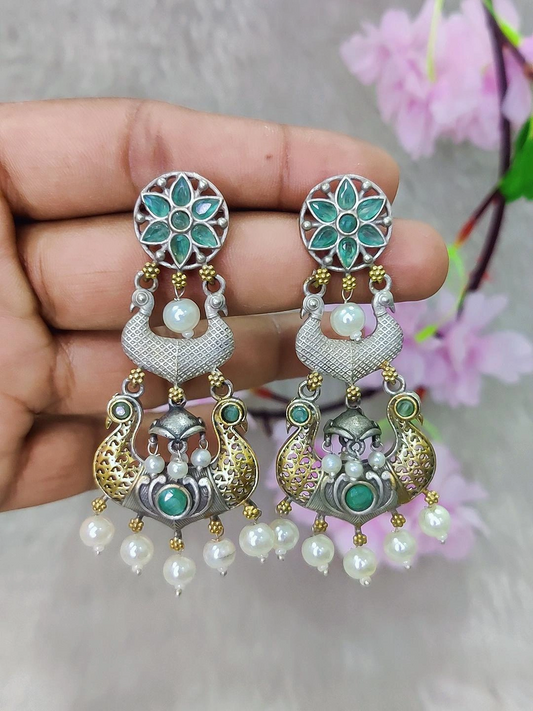 German Silver Earrings #GE087 - Sea Green Monalisa Stone