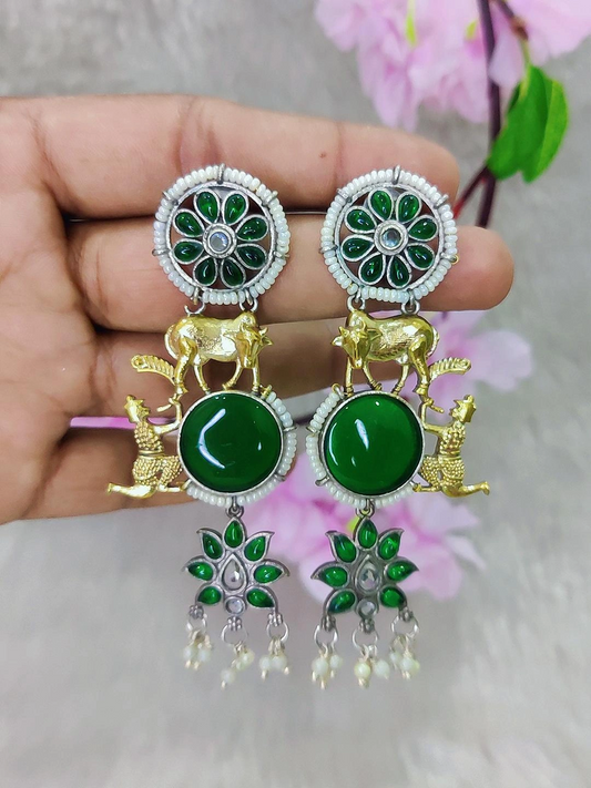 German Silver Earrings Nandi #GE088 - Green Monalisa Stone