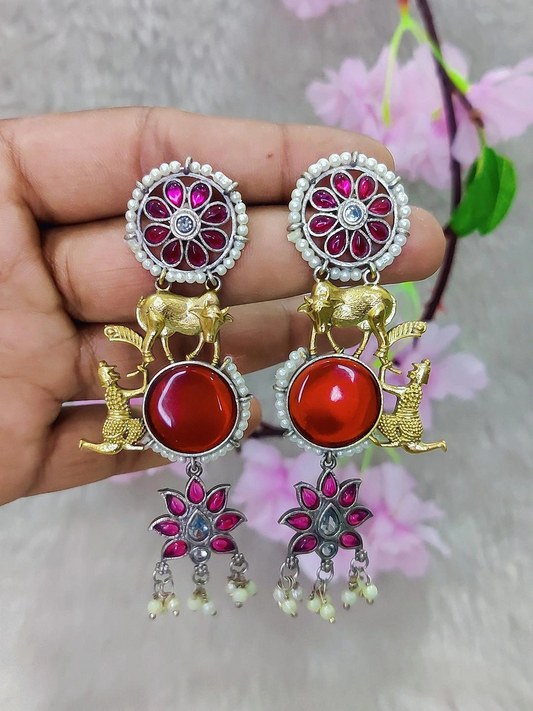 German Silver Earrings Nandi #GE088 - Red Monalisa Stone
