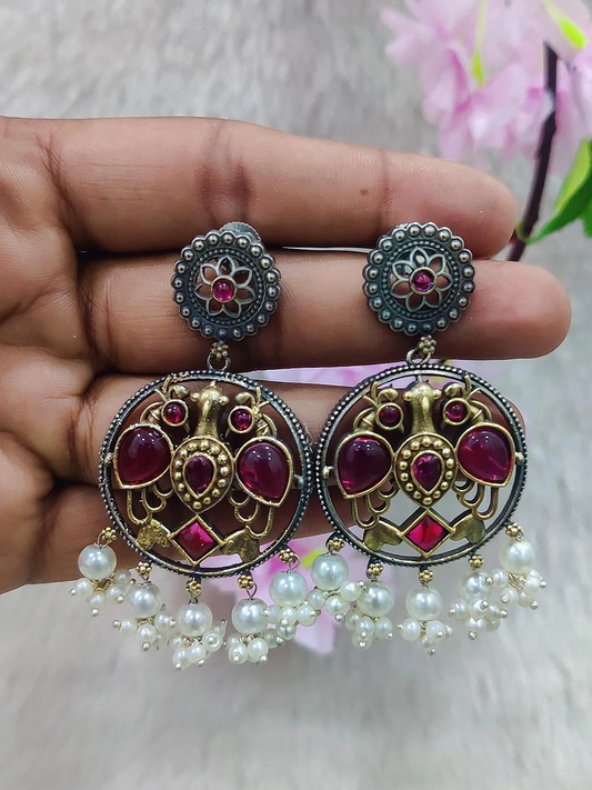 German Silver Earrings #GE105 - Red