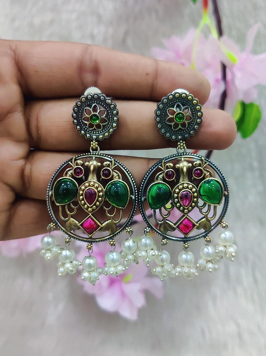 German Silver Earrings #GE105 - Multi (Red-Green)