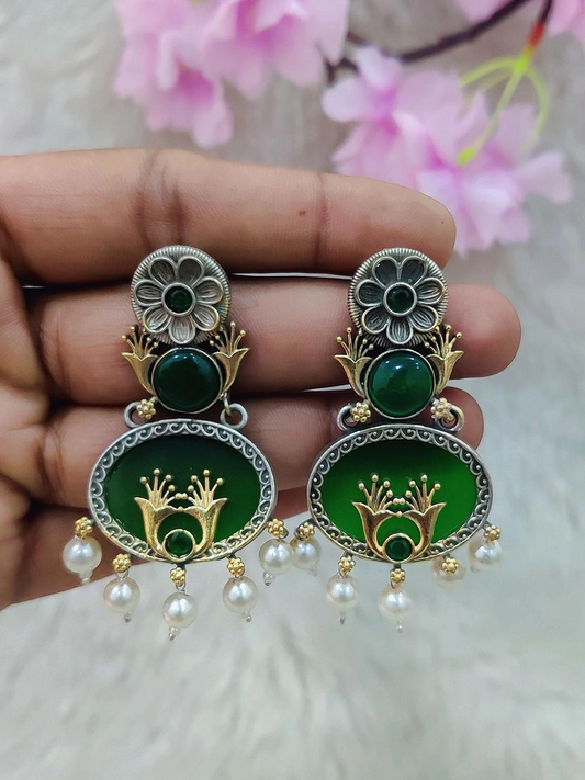 German Silver Earrings #GE091 - Green