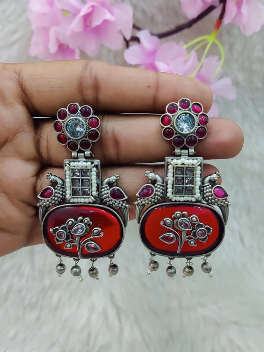 German Silver Earrings #GE090 - Red