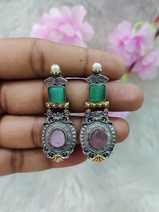German Silver Earrings #GE098 - Sea-Green & Pink Monalisa Stone