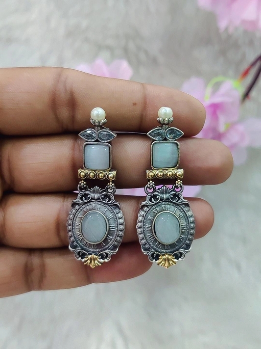 German Silver Earrings #GE098 - White Monalisa Stone