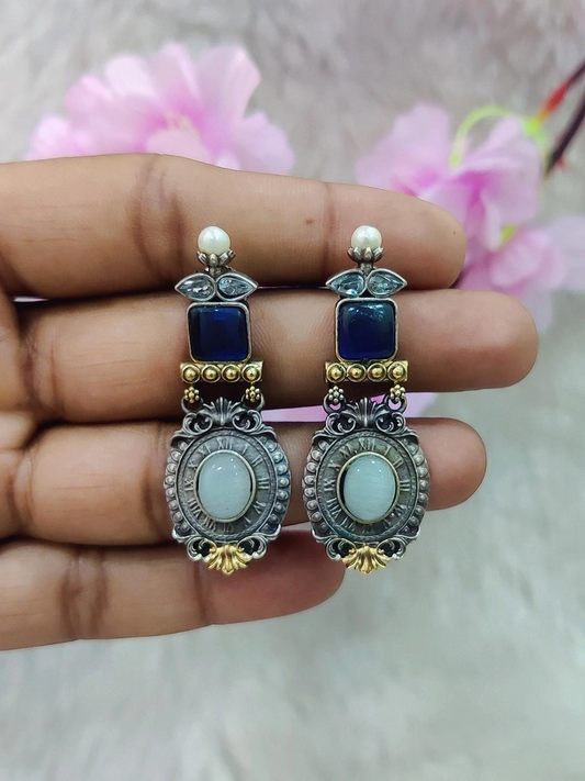 German Silver Earrings #GE098 - Sea-Green & Pink Monalisa Stone