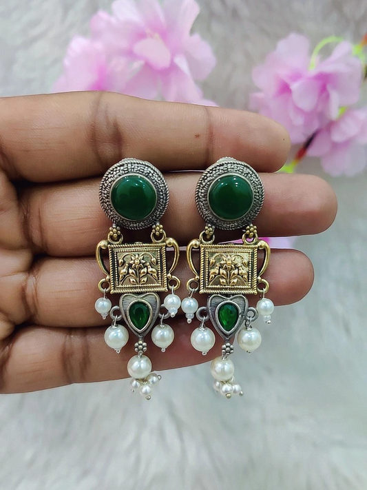 German Silver Earrings #GE099 - Green