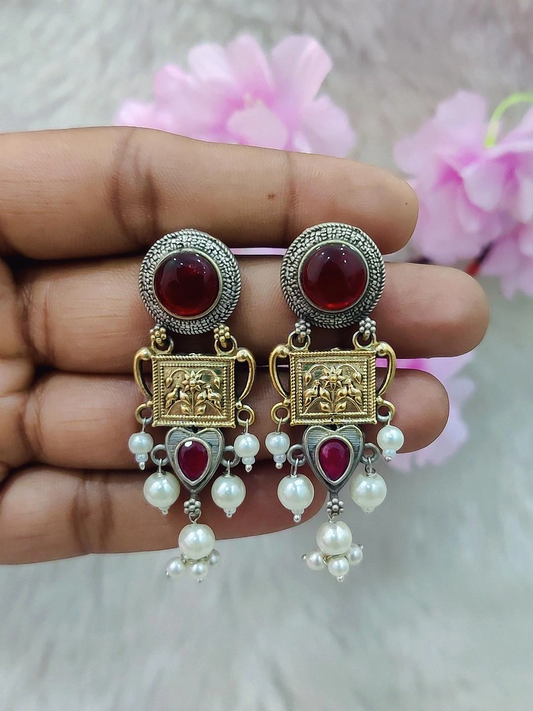 German Silver Earrings #GE099 - Red