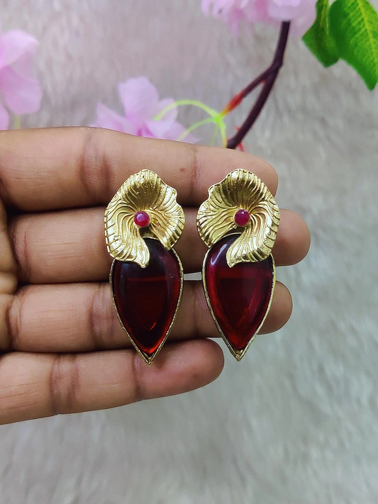 German Silver Floral Earrings #GE100 - Red Monalisa Stone