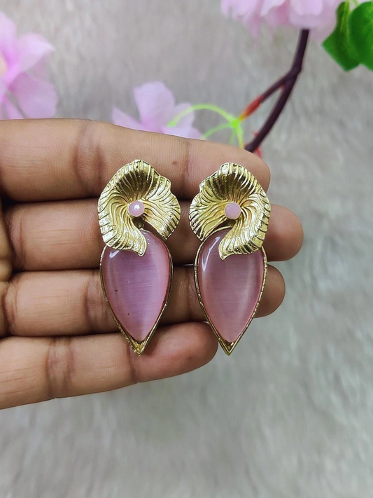 German Silver Floral Earrings #GE100 - Pink Monalisa Stone