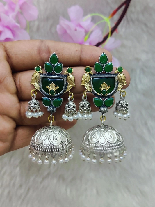 German Silver Jhumki Earrings #GE101 - Green