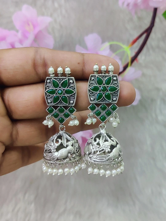 German Silver Jhumki Earrings #GE102 - Green