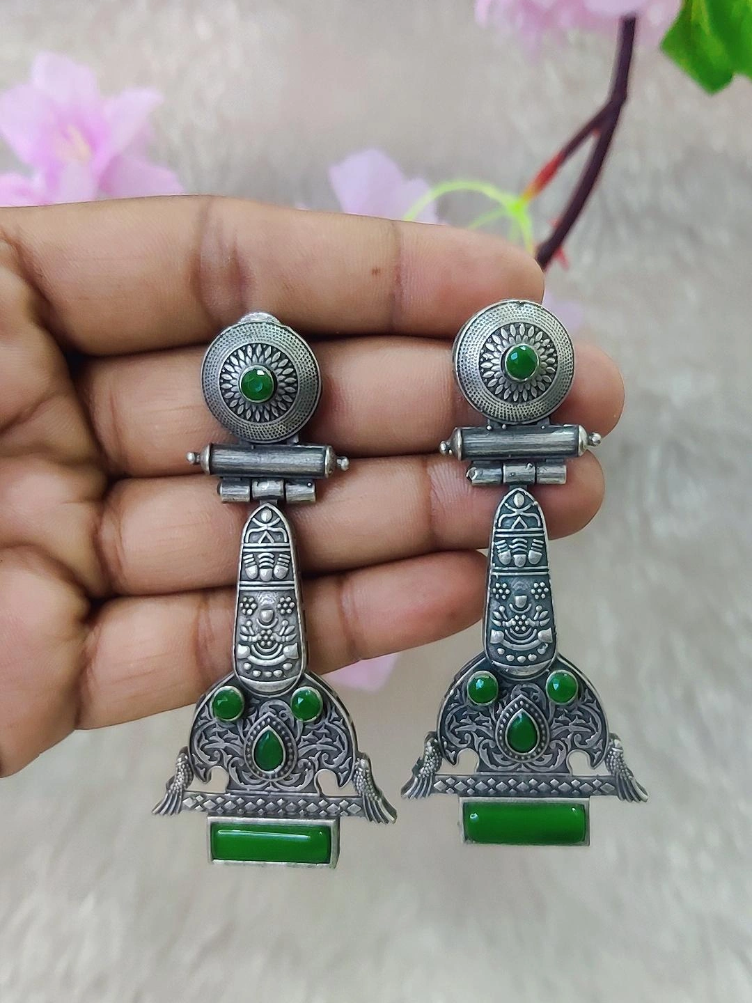 German Silver Earrings #GE103 - Green
