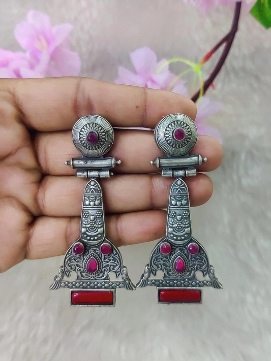 German Silver Earrings #GE103 - Ranipink - Red