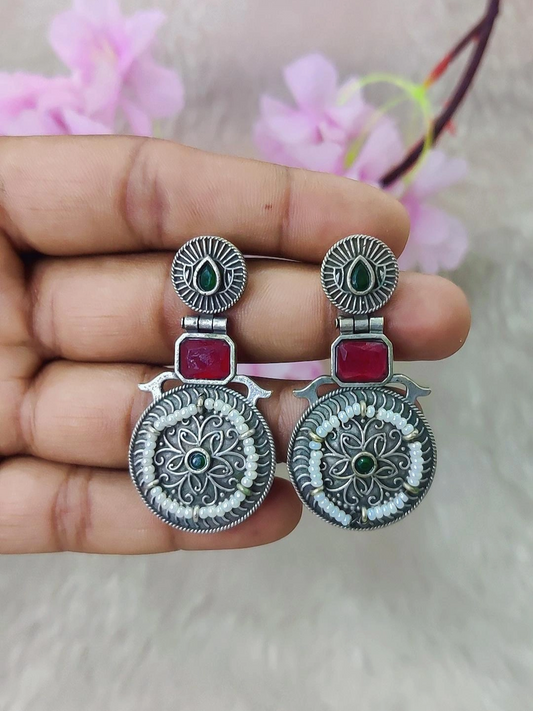 German Silver Earrings #GE104 - Multi (Green-Ranipink)