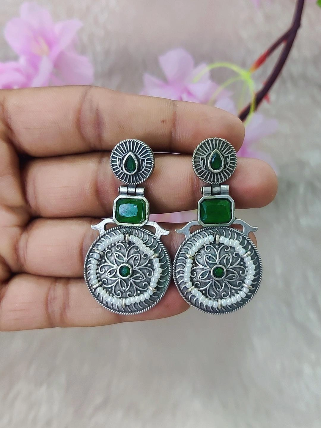 German Silver Earrings #GE104 - Green