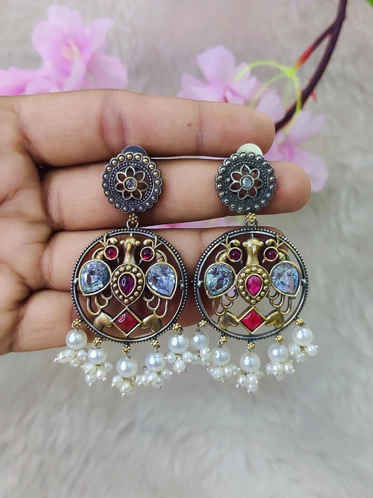 German Silver Earrings #GE105 - Multi (Diamond-White & Red)