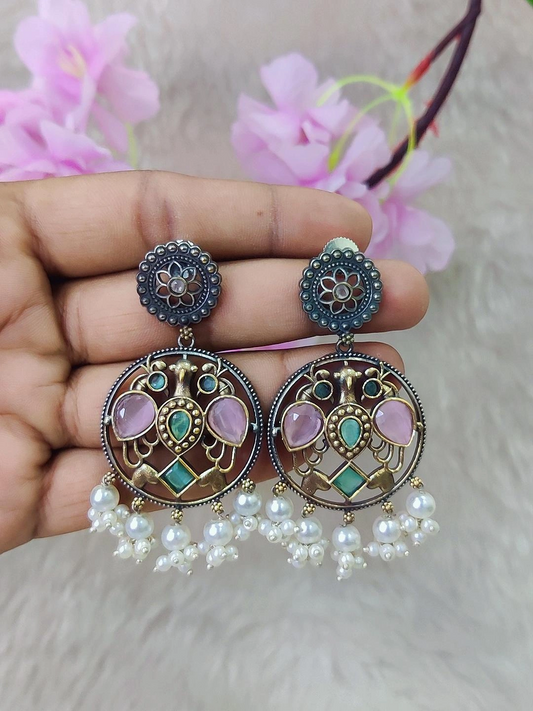 German Silver Earrings #GE105 - Multi (Sea-Green & Pink)