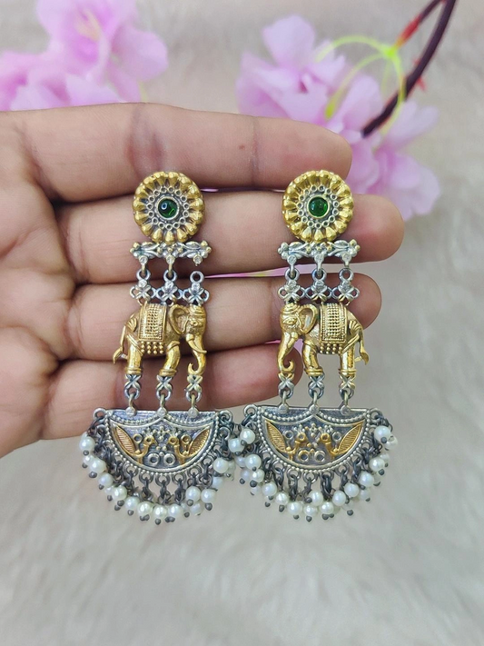 German Silver Elephant Dual-Tone Earrings #GE107 - Green