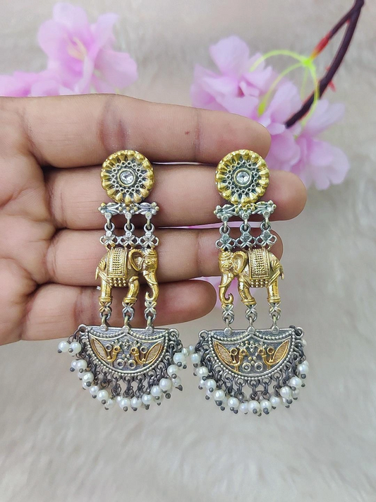 German Silver Elephant Dual-Tone Earrings #GE107 - Diamond-White