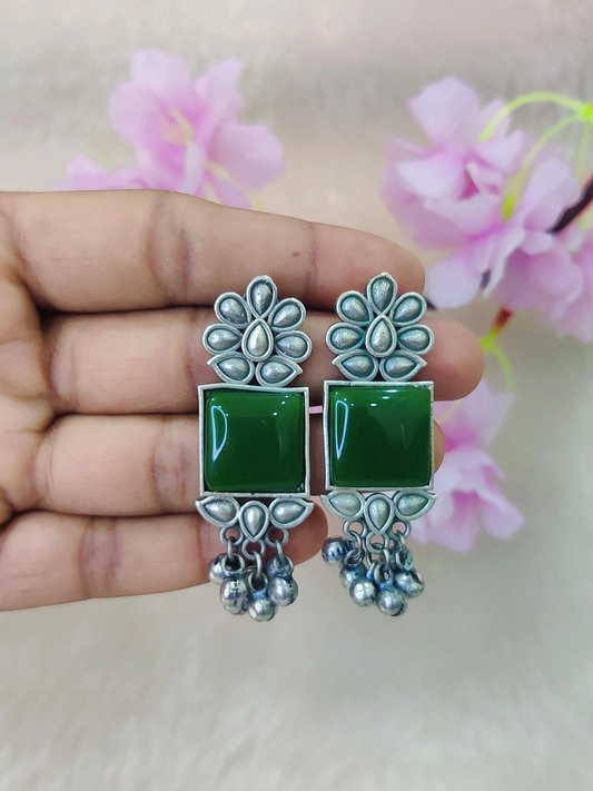 German Silver Earrings #GE109 - Green