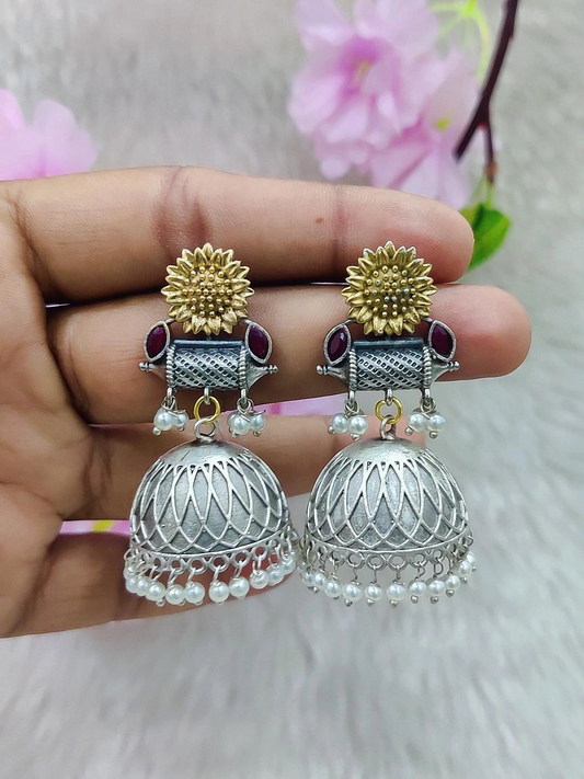 German Silver Jhumi Earrings #GE110 - Red