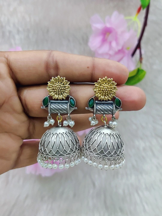 German Silver Jhumi Earrings #GE110 - Green