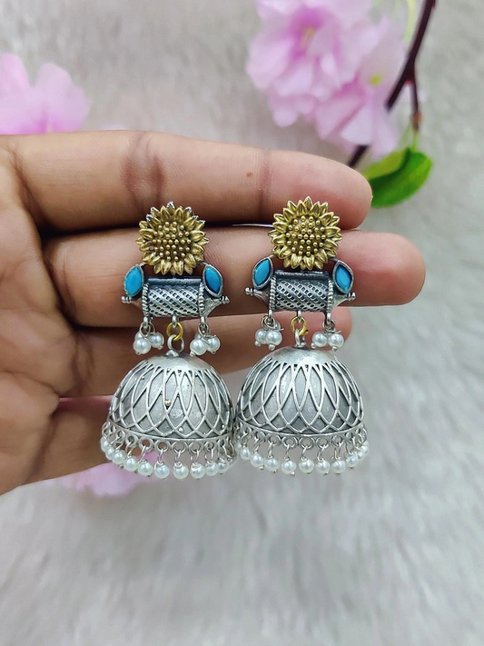 German Silver Jhumi Earrings #GE110 - Sky-Blue