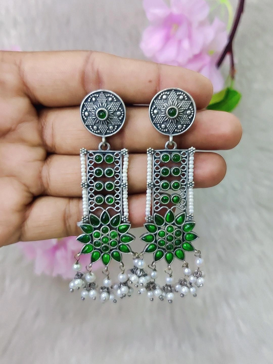 German Silver Earrings #GE111 - Green