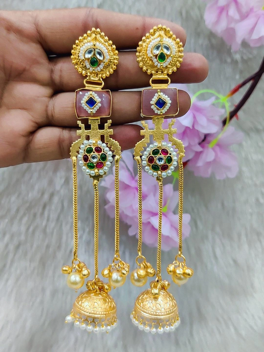 Brass Golden Premium Kashmiri Earrings #GE042 - Pink Monalisa Stone