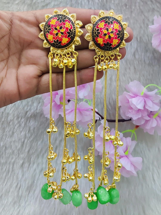 Brass Golden Premium Kashmiri Earrings #GE044 - Hanging Beads