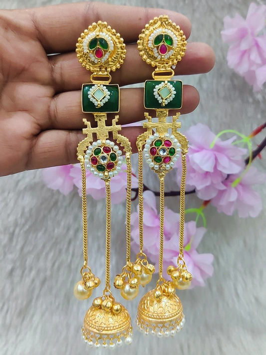 Brass Golden Premium Kashmiri Earrings #GE042 - Green Monalisa Stone