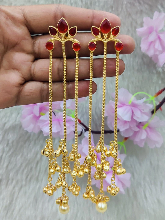 Brass Golden Premium Kashmiri Earrings #GE043 - Red Monalisa Stone