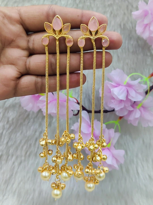 Brass Golden Premium Kashmiri Earrings #GE043 - Peach Monalisa Stone