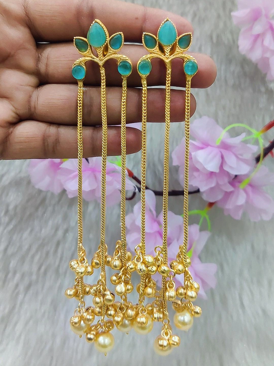 Brass Golden Premium Kashmiri Earrings #GE043 - Sea-Green Monalisa Stone